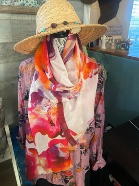 Adolfo Dominguez Pink, Orange & Red Watercolor Printed large Scarf 100% Modal